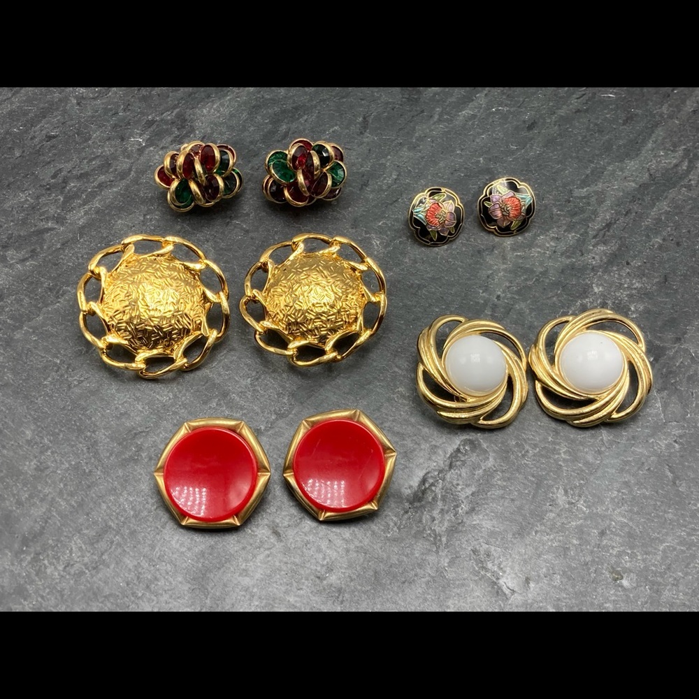 CLIP-ON Women’s Vintage Bundle 5x pairs earrings silver gold cloisonné